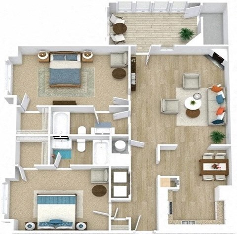 2 Bed 2 Bath Floor Plan | 1,091-1,213 Sq. Ft. at Abbington Place Apartments, North Carolina, 27407